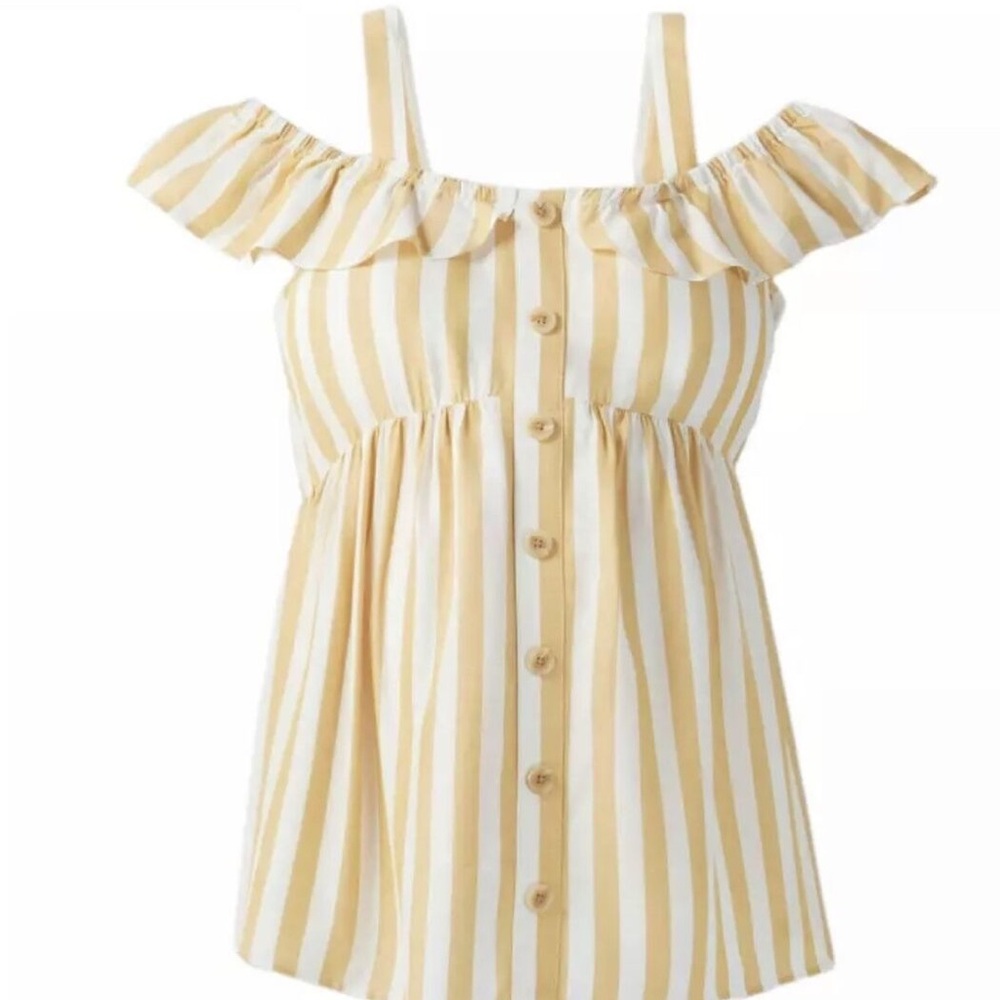 Isabel Maternity Yellow and White Striped Ruffle Blouse Size L